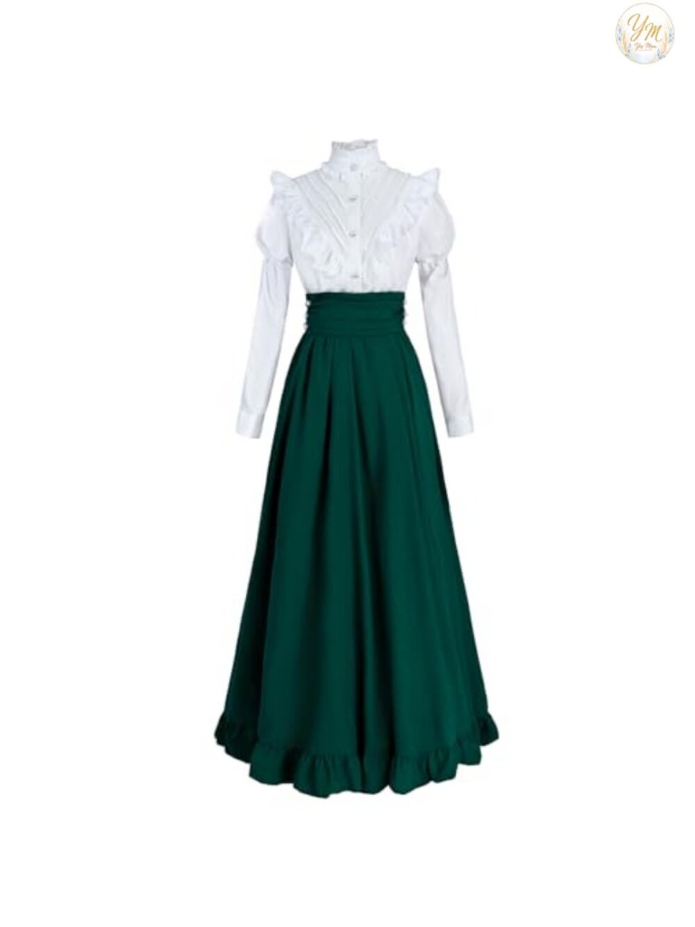 Victorian 2-Piece Dress Set Ruffled Ball Gown Blouse Skirt Belt